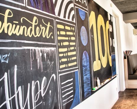 Eine große Tafel im Office, die mit Zeichnungen, Überschriften und dem i22-Logo bemalt ist.